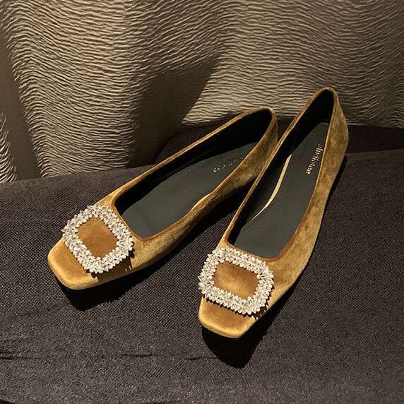 In stock~New autumn and winter elegant sparkling diamond buckle round toe high heels, comfortable chunky heel suede shallow single shoes for women - view 4
