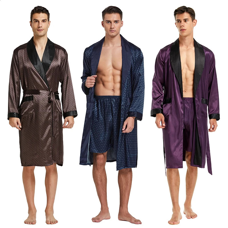 Tony Candice Mens Satin Robe Lightweight Long Sleeve Silk Kimono Bathrobe with Shorts Set Sleepwear 260415