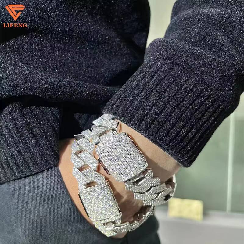 20mm 4Rows Charms Moissanite Jewelry Cuban Link Vvs Bracelet Hip Hop 925 Sterling Silver Moissanite Cuban Bracelet for Men