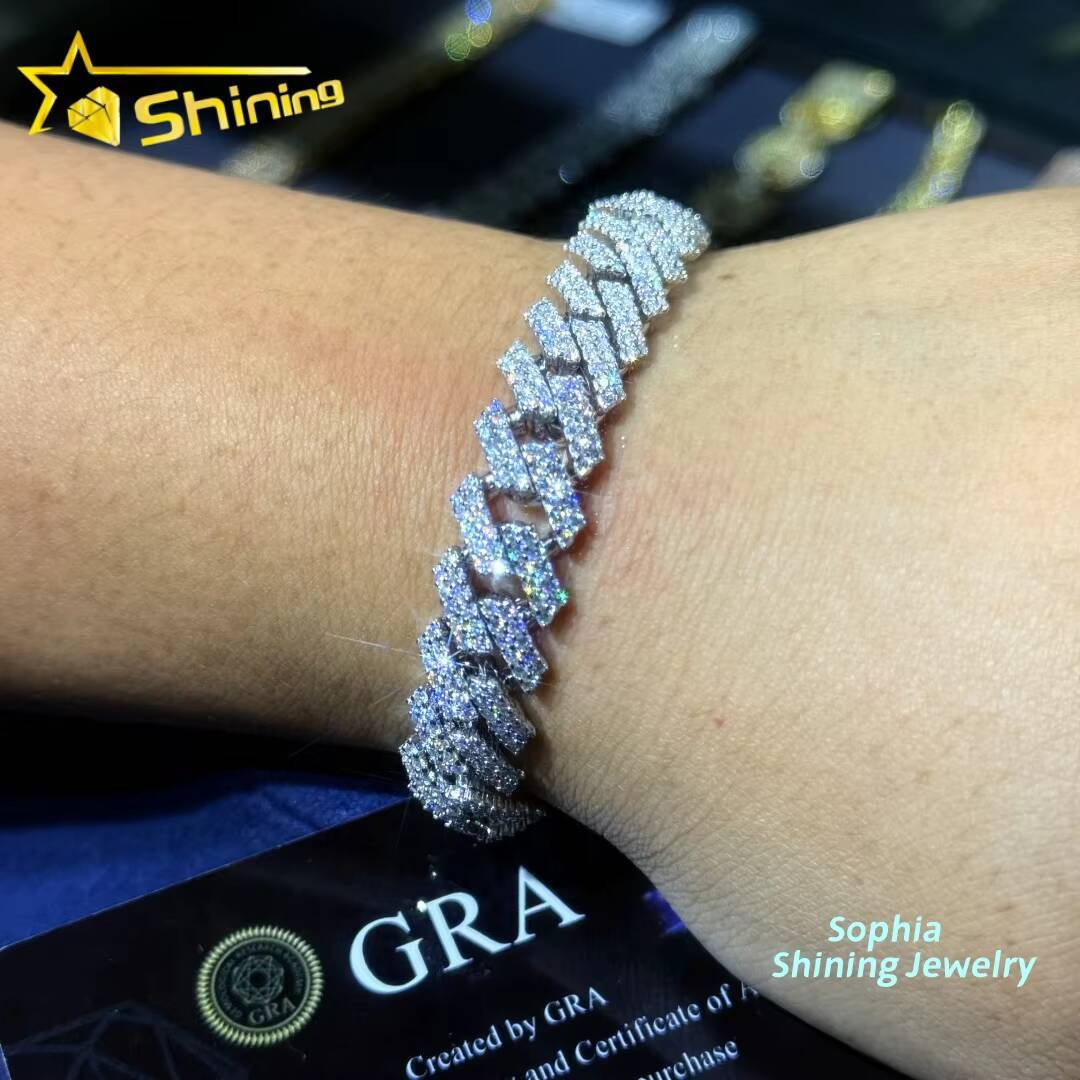 New Stocks 12mm 925 Silver Cuban Link Chain Hip Hop Jewelry Men Iced Out Moissanite Diamond Cuban Bracelet