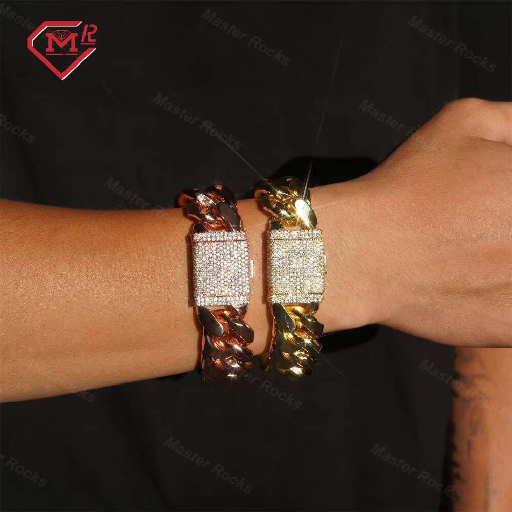 Rock Hiphop Jewelry 15mm Cuban Chain Bracelet With Iced Out Moissanite Clasp 925 Sterling Silver Moissanite Bracelet