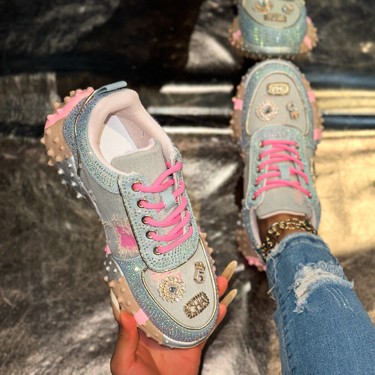 Hot selling Letter rhinestones Fashion Sports Durian Matcake sole Mesh Single Shoes Women's ddmythur