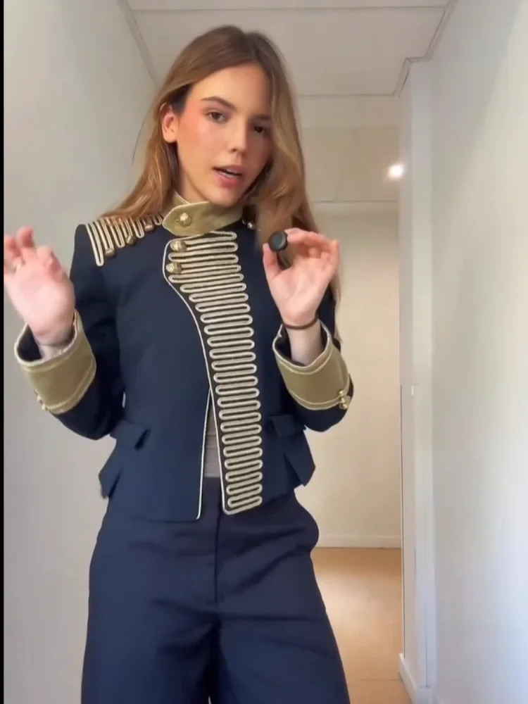 Women Chic Retro Stand Collar Navy Blue Jacket Fashion Gold Embroidered Shoulder Military Coat 2026 Lady Highstreet Outwears 260415