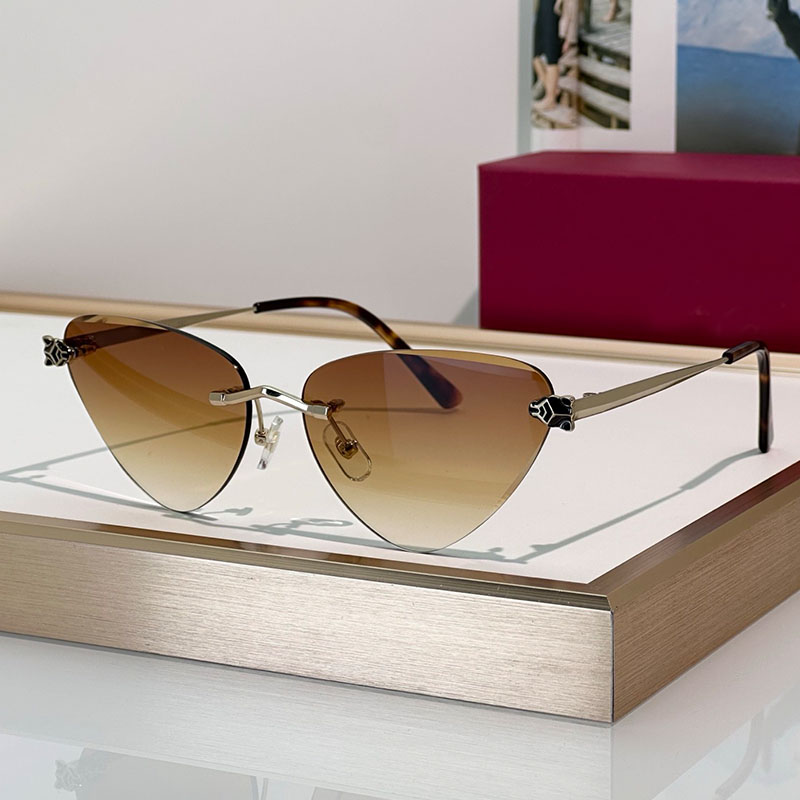 Cat Eye Diamond Cut Sunglasses For Women And Men Designer Panthere de Sunglasses 0448O Frameless Metal Temples UV400 Casual Beach Goggles