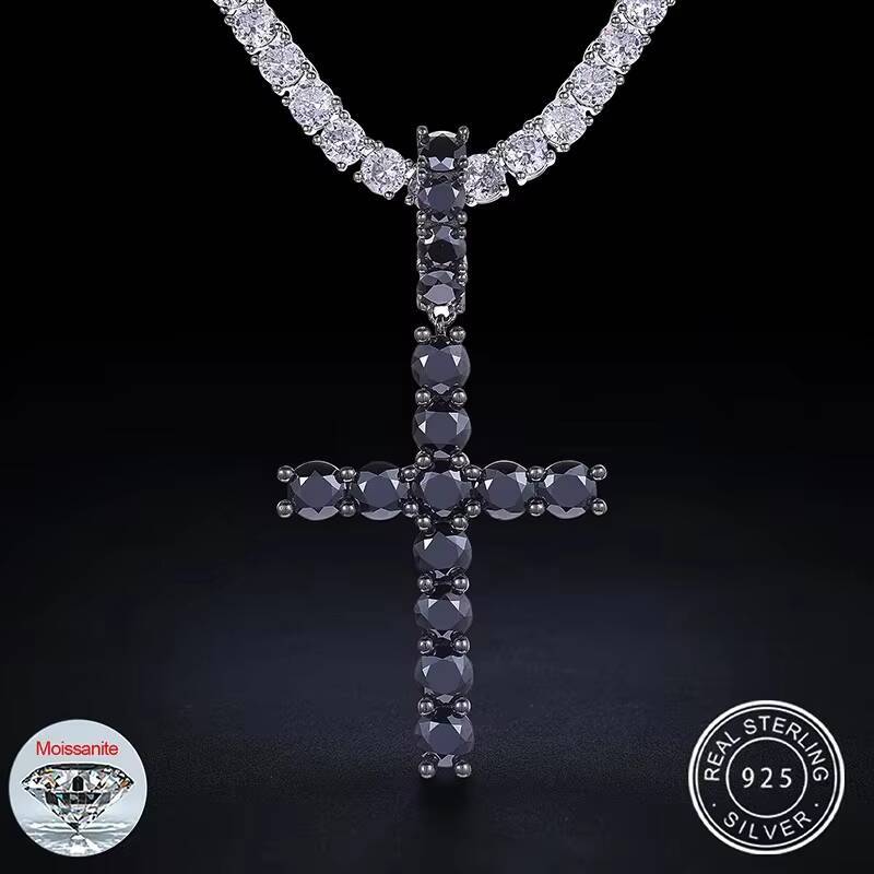 Sterling Black Plated 925 Silver Black Color VVS1 Moissanite Diamond Hip Hop Cross Pendant for Men Women
