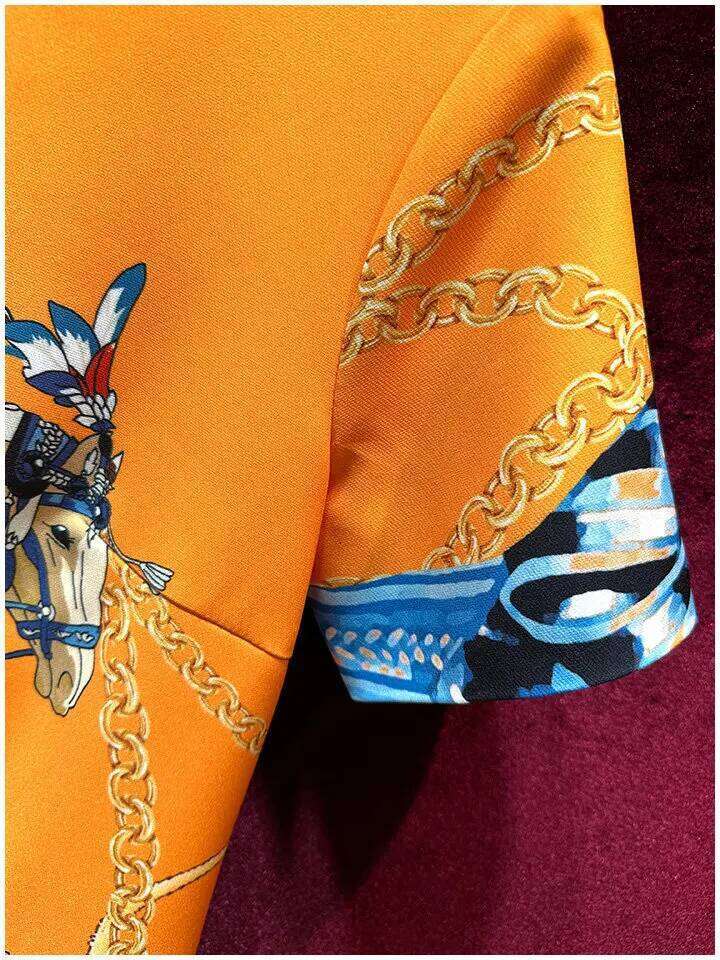 High Quality New Spring Summer Orange Short Sleeve Women Round Neck Cartoon Printed Fashionable Casual A line Dress MAKOUFEI