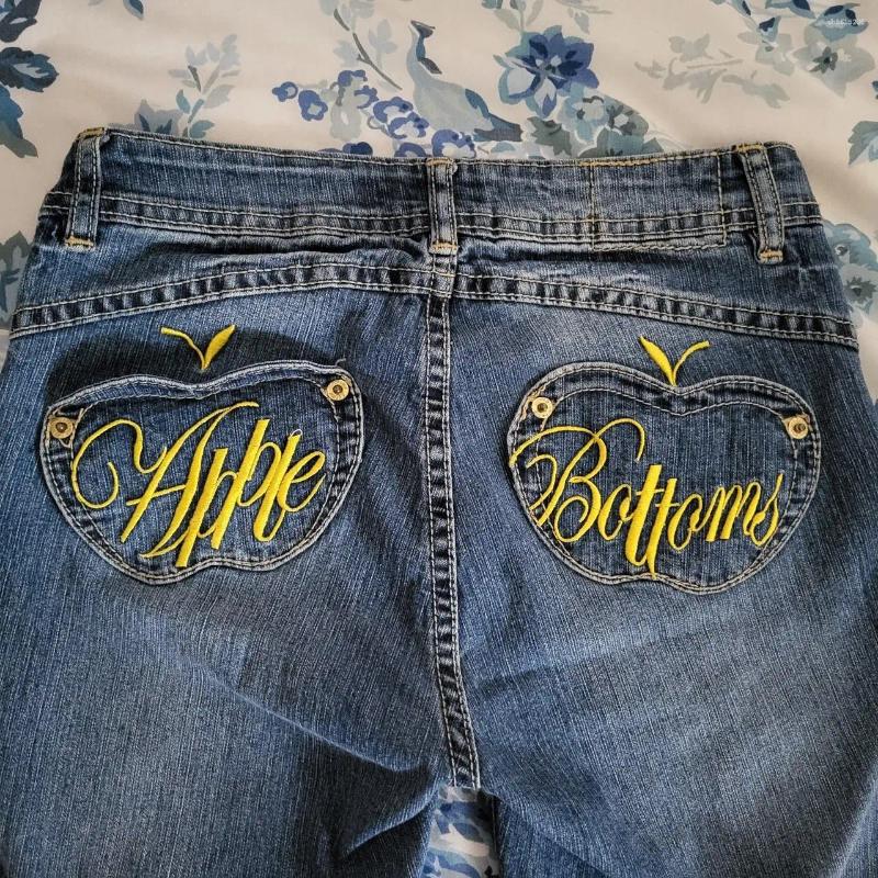 Women's Jeans Apple Bottoms Womens Yellow Pocket Embroidery Baggy Y2K Women Clothes Harajuku Gothic Hip Hop High Waist Slim Denim Pants
