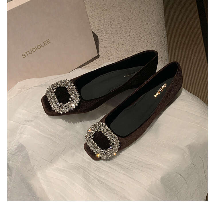 In stock~New autumn and winter elegant sparkling diamond buckle round toe high heels, comfortable chunky heel suede shallow single shoes for women - view 5