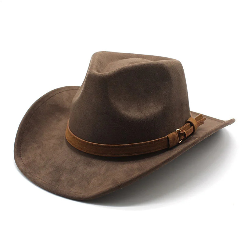Men's Black Suede Cowboy Hat, Wide Brim Western Hat with Creased Crown, Brown Leather Band, Size 56-58cm, Outdoor Four Seasons Wear