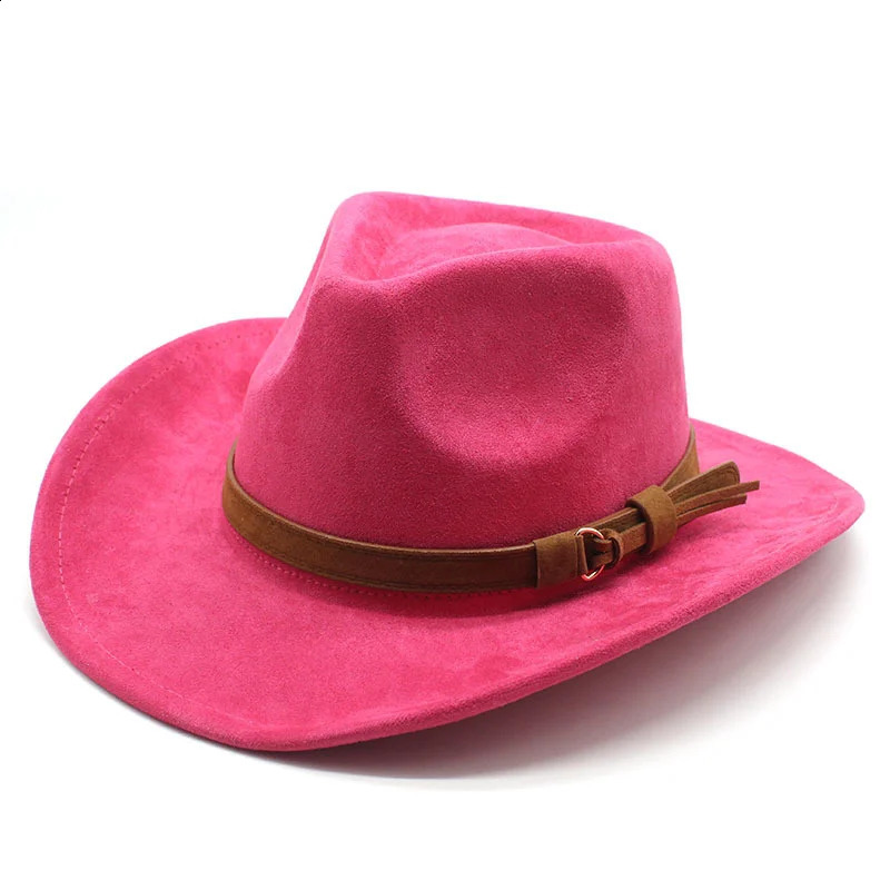 Men's Black Suede Cowboy Hat, Wide Brim Western Hat with Creased Crown, Brown Leather Band, Size 56-58cm, Outdoor Four Seasons Wear - view 5
