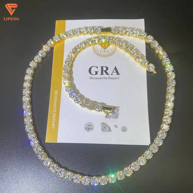 Lifeng Jewelry 925 Silver 18k Gold Plated Tennis Chain Iced Out 6mm D VVS Moissanite Tennis Link Chain Necklace Set Bracelet