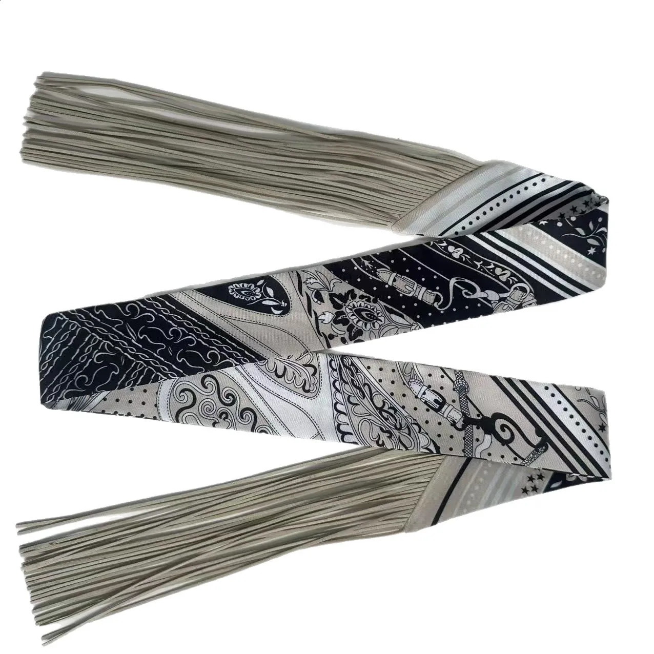 Faux Leather Fringe Tassel Scarf - Vintage Paisley Horsebit Print Bag Handle Scarf for Women Handbag Accessory 260415