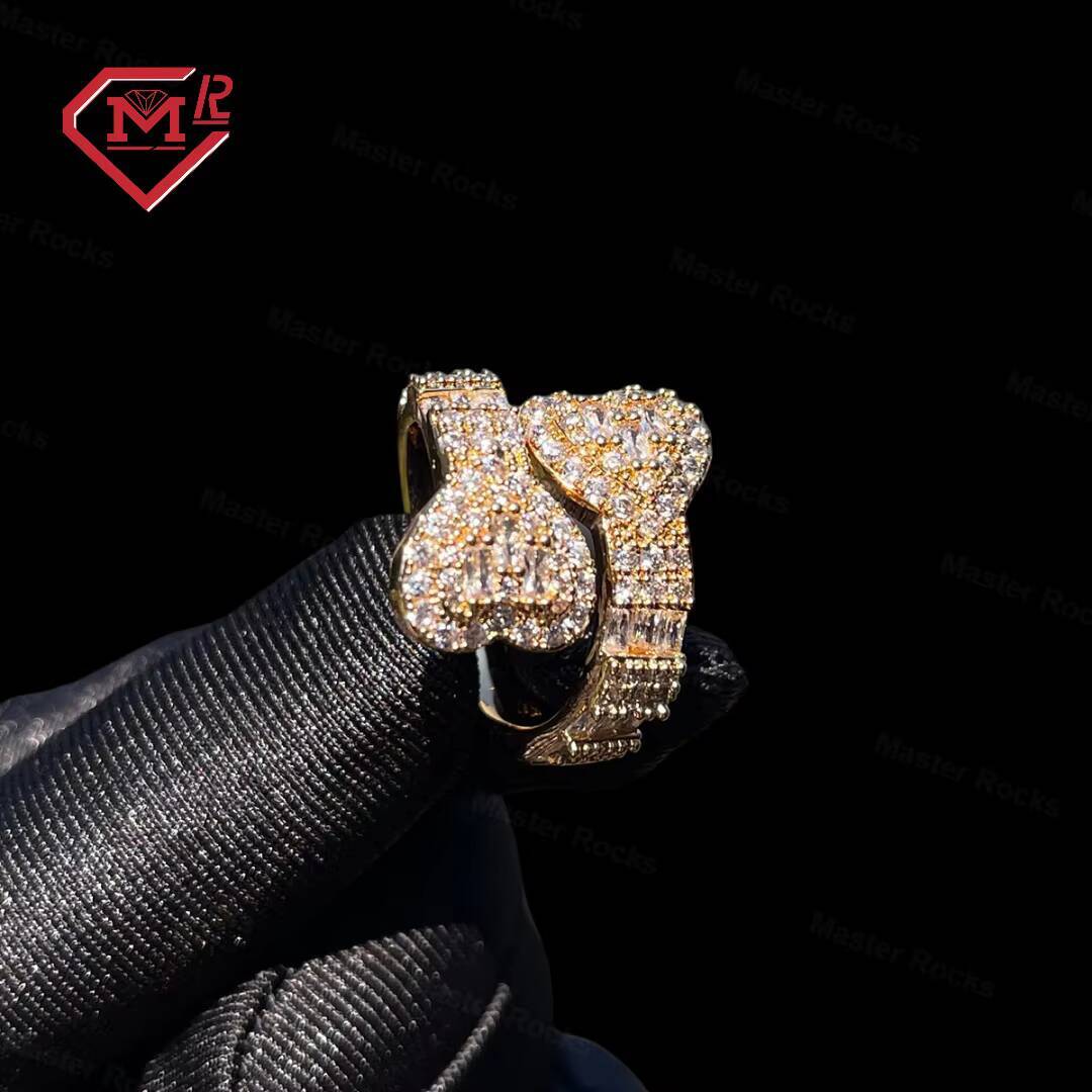 Adjustable Open Iced Out Bling Baguette Double Heart Ring With Gra Certificate S925 Silver Moissanite Ring