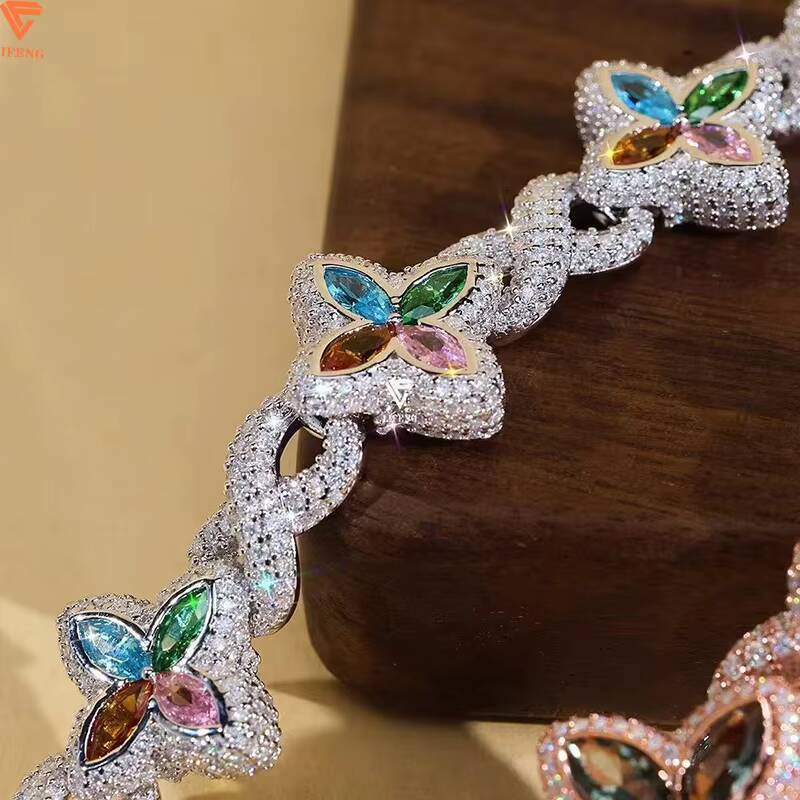 925 Silver Cuban Link Bracelet with Multiple Flower-Shaped Bracelet Moissanite Marquise Cut Colorful 925 Silver Chain Jewelry