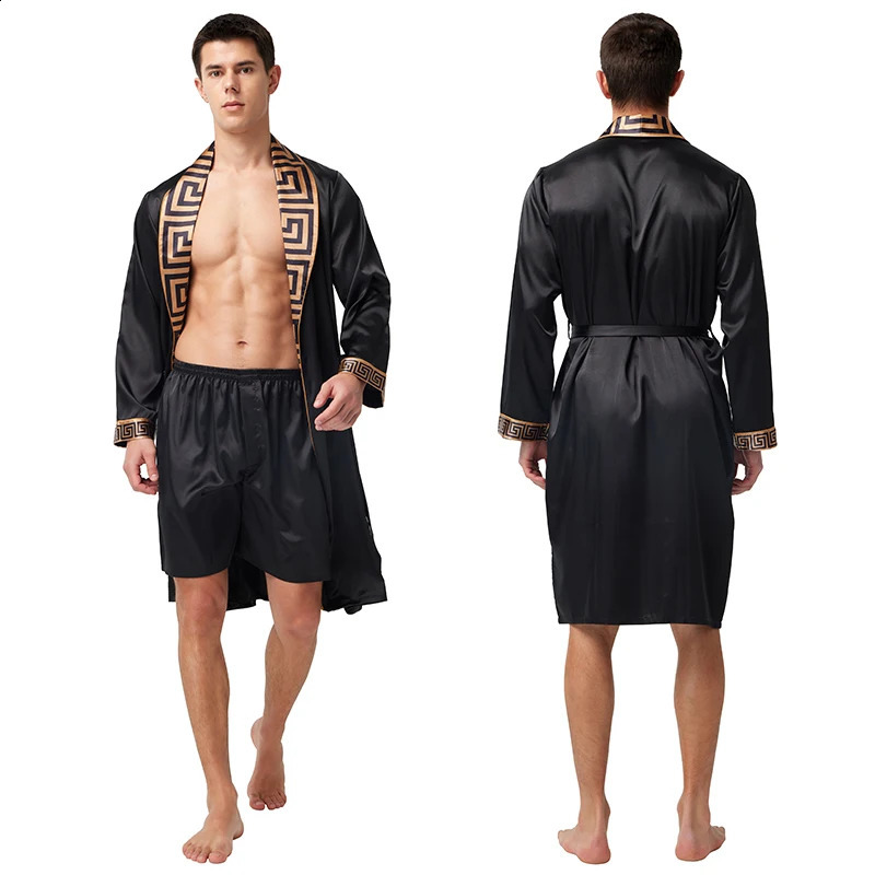 Tony Candice Mens Satin Robe Lightweight Long Sleeve Silk Kimono Bathrobe with Shorts Set Sleepwear 260415
