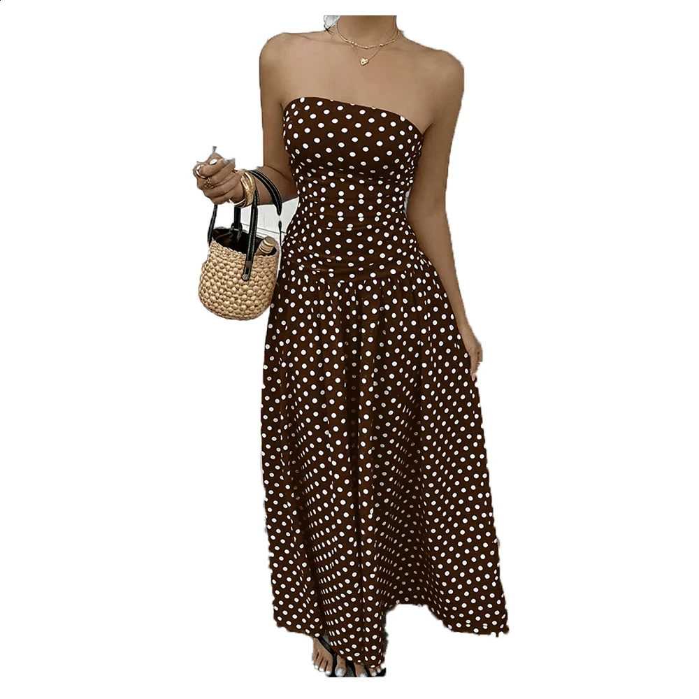 Womens Polka Dot Print Waist-Cinching Vest Dress Vacation Style Long Brown Maxi Skirt Elegant Casual Summer Fashion 260415