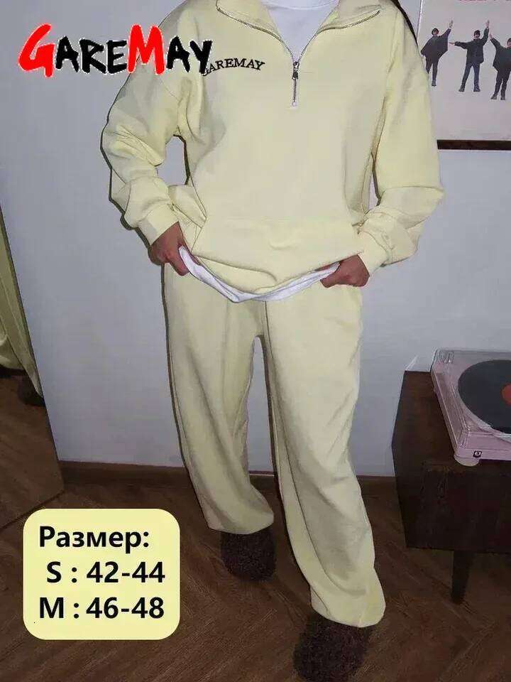 Spring Women s Tracksuit with Zipper Cotton Oversize Classic Pink Two Piece Set Casual Yellow Trouser Suits for MAKOUFEI