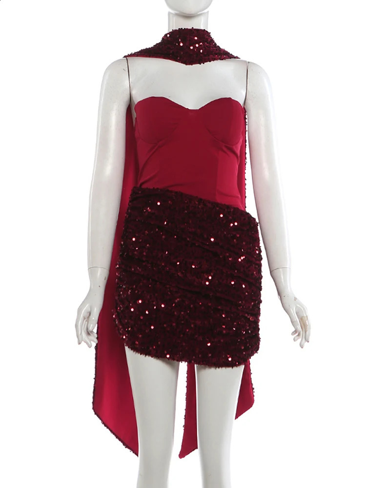 Weird Puss Sexy Women DressScarf Valentines Day Banquet Strapless Sequins Patchwork Ruched Peach Hip Birthday Party Bodycon 260415 - view 6
