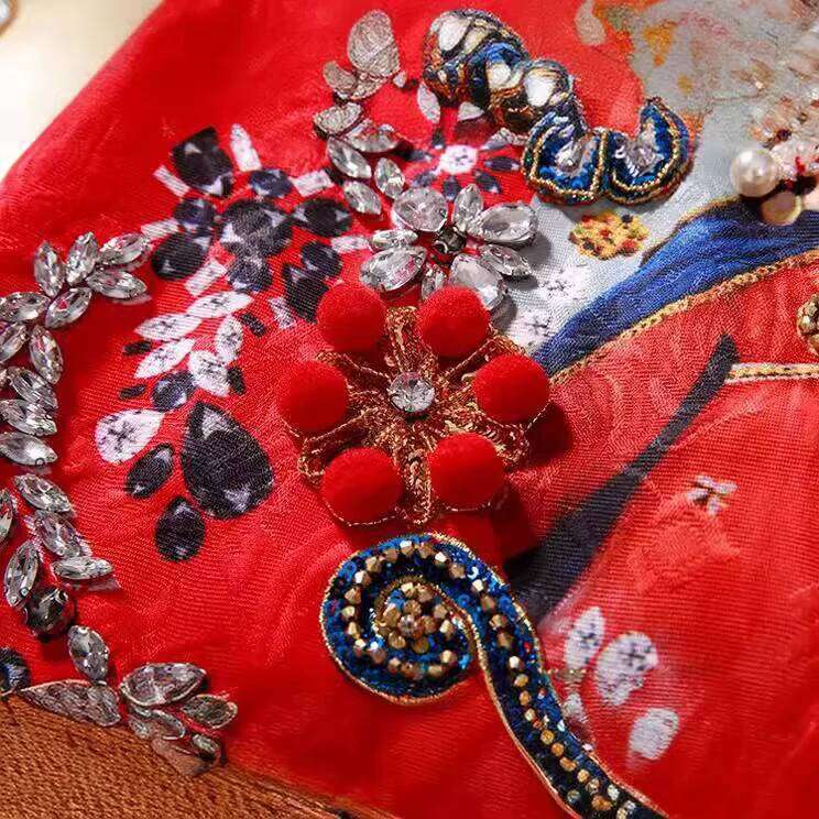 Luxury New Year Women Embroidery Dress A line Sleeveless Beading Pencil Straight Dresses Red Shinny Party Evening Clothing MAKOUFEI