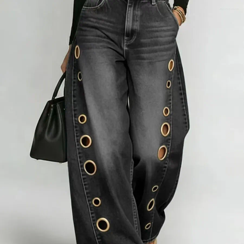 Women's Jeans High Waist Wide Leg Blue Denim Gold Eyelet Cutout Decor Loose Fit Streetwear Casual Y2K Trousers - view 8