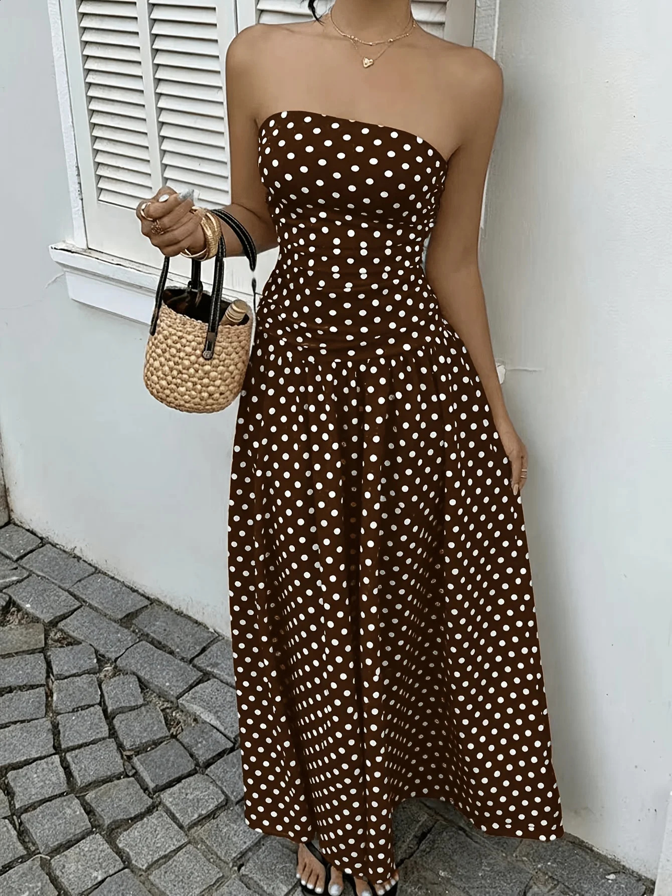 Womens Polka Dot Print Waist-Cinching Vest Dress Vacation Style Long Brown Maxi Skirt Elegant Casual Summer Fashion 260415