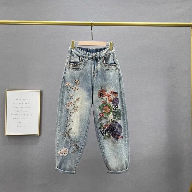 Heavyduty Rhinestone Jeans for Women Baggy Jeans Elastic Waist High Waist Loose Fit Slimming Printed Dad Jeans Y19042901