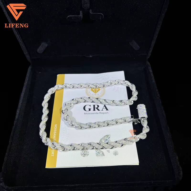 Hip Hop Jewelry Custom 8mm 925 Sterling Silver Vvs Moissanite Diamond White Gold Plated Iced Out Rope Chain Necklace for Men