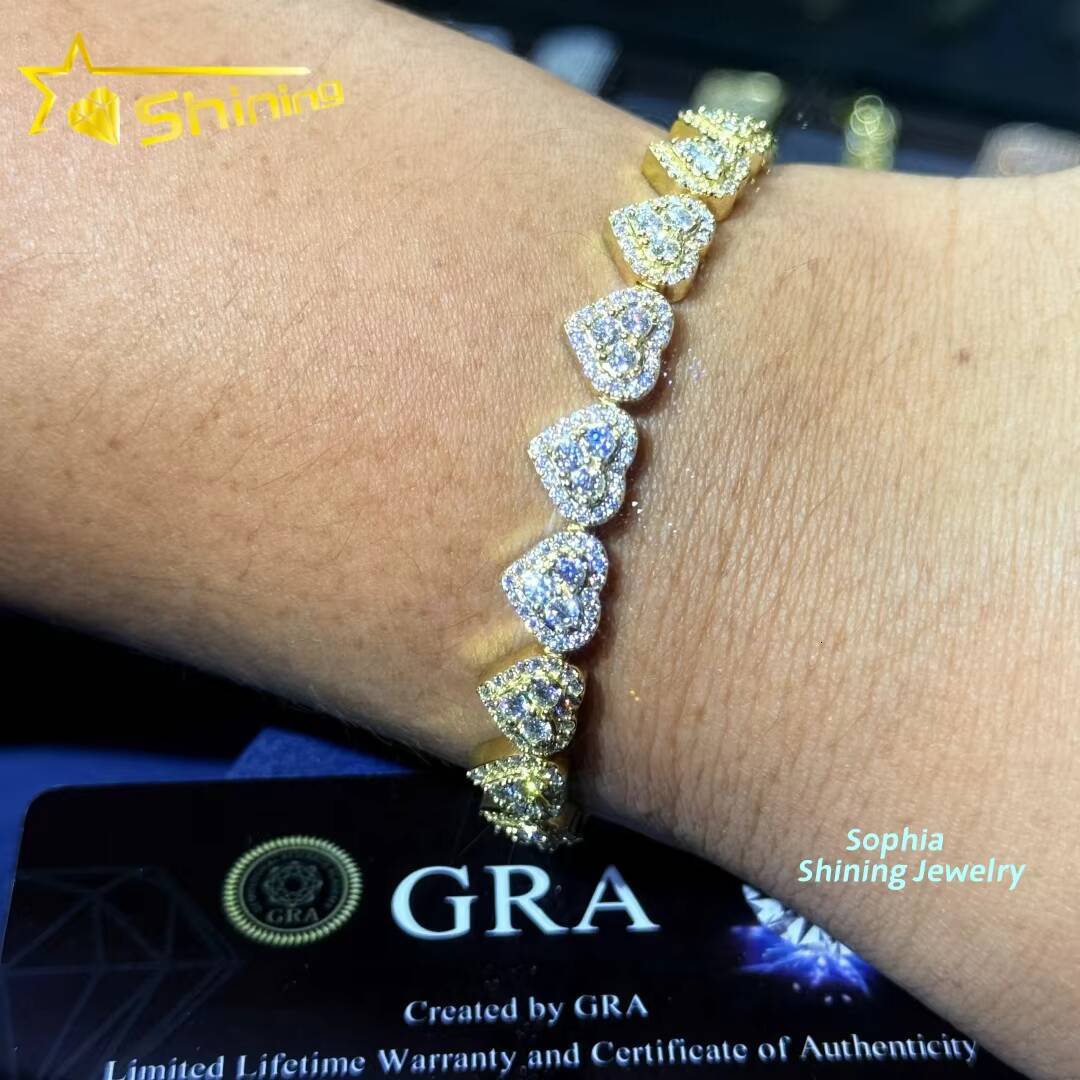 Heart Design Solid Silver 925 Hip Hop Iced Out Cuban Link Bracelet 8mm VVS Moissanite Diamond Womens Fine Jewelry Bracelet