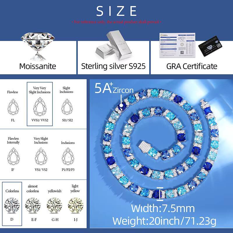 New Arrival Summer Blue Gradient Color CZ 925 Sterling Silver Tennis Chain Iced Out Moissanite Fashion Colorful Necklace