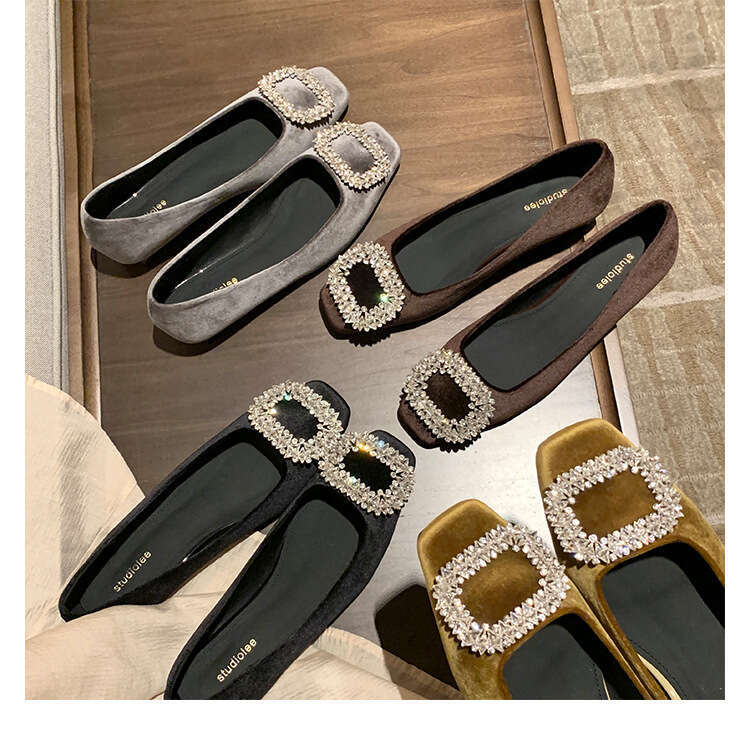 In stock~New autumn and winter elegant sparkling diamond buckle round toe high heels, comfortable chunky heel suede shallow single shoes for women - view 3