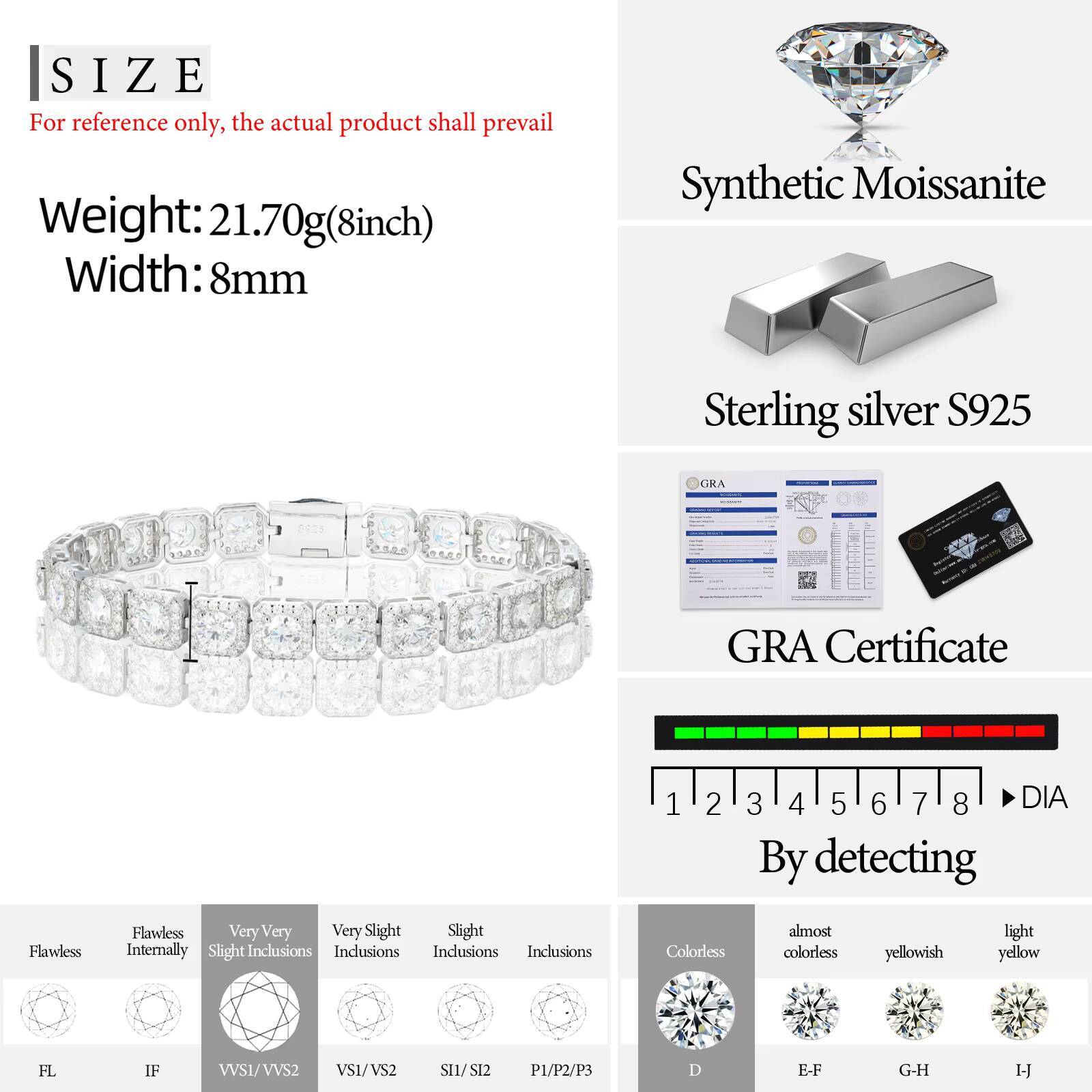 Fine Jewelry 6mm 8mm White Gold Sterling Silver 925 Vvs Moissanite Diamond Iced Out Square Hola Tennis Chain Bracelet Men Women