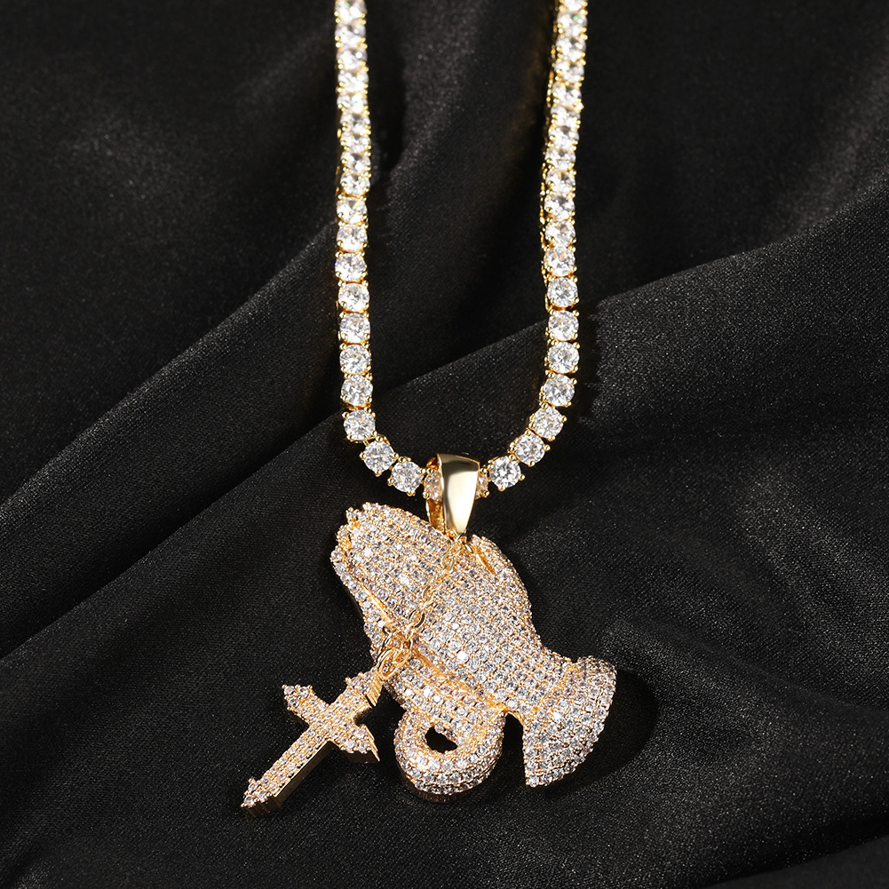 European and American trendy brand - Full Diamond Cross Pendant Morganite Necklace - European and American retro hip-hop rap fashion accessory