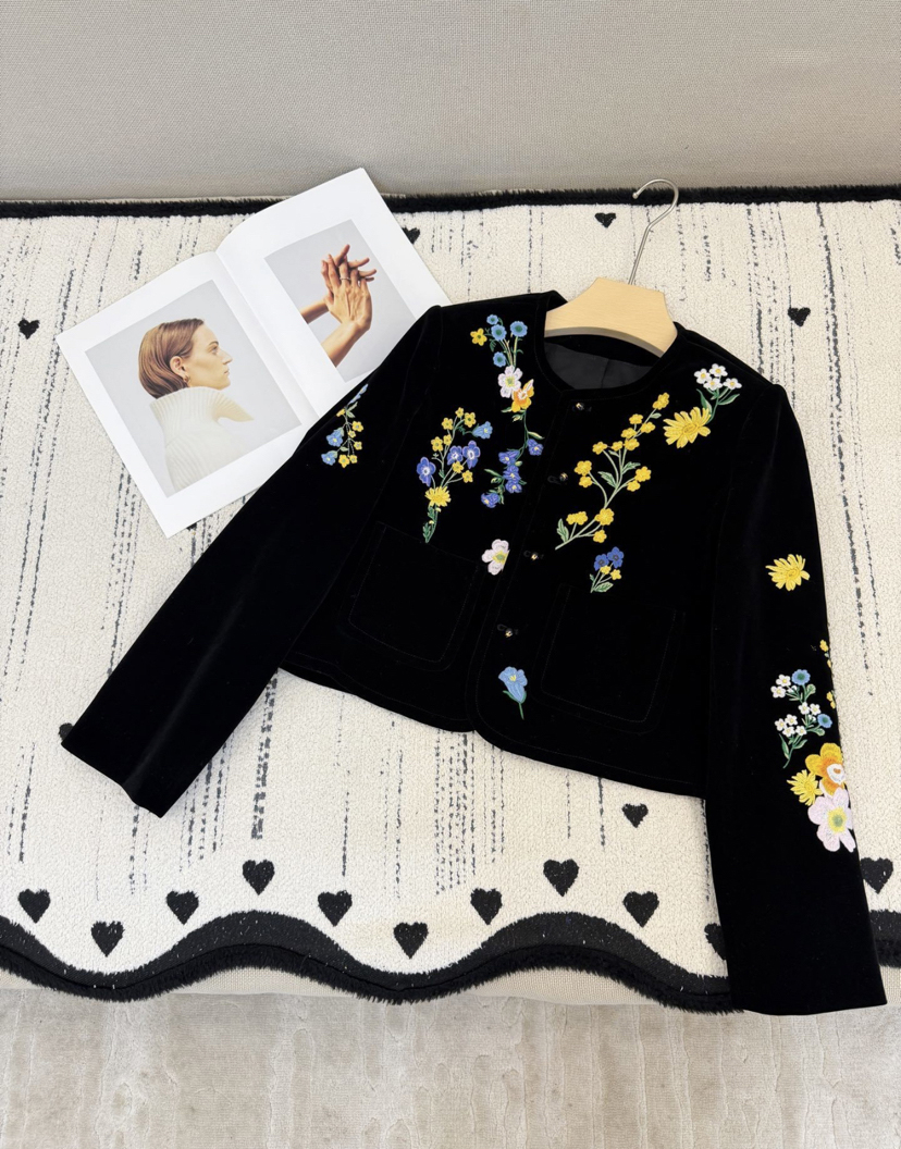 Spring Black Floral Embroidery Jacket Long Sleeve Round Neck Buttons Single-Breasted Jackets Coat Short Outwear WS6A16 Check Size Chart Please