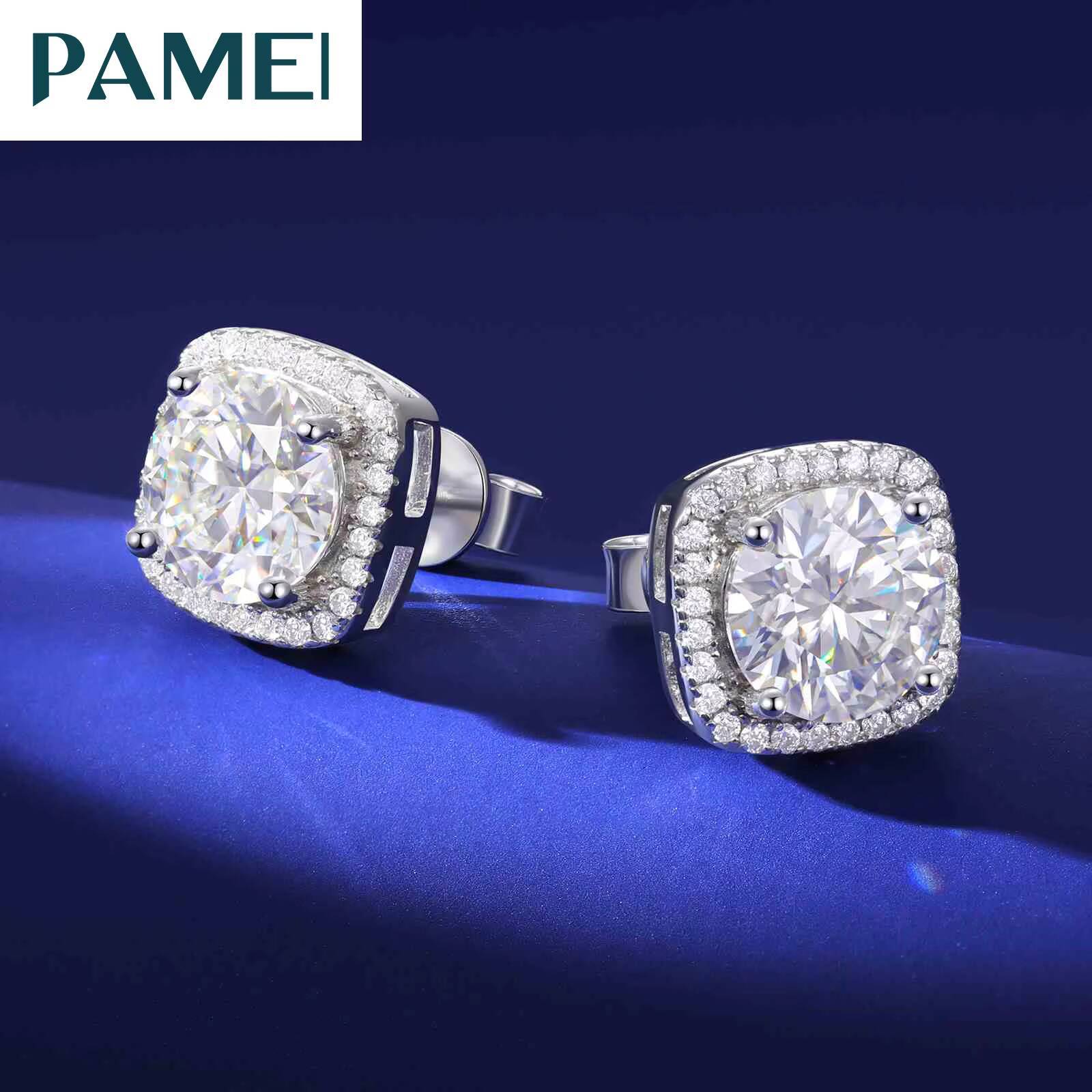 Pass Diamond Tester Screw Back Moissanite Square Halo Stud Earrings White Gold 925 Sterling Silver Fine Jewelry for Men Women