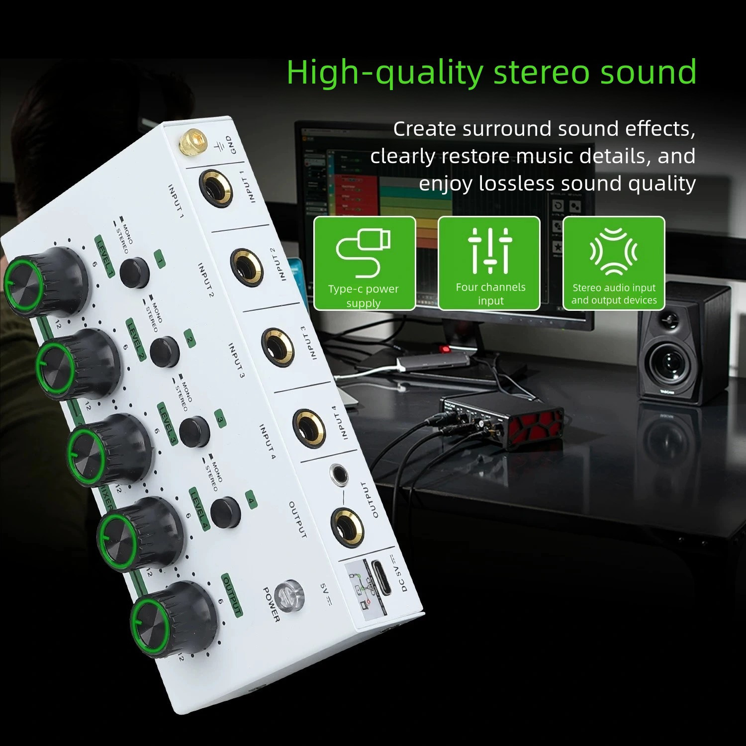 4-channel audio mixer for low noise recording, suitable for home studio four channel stereo audio mixer