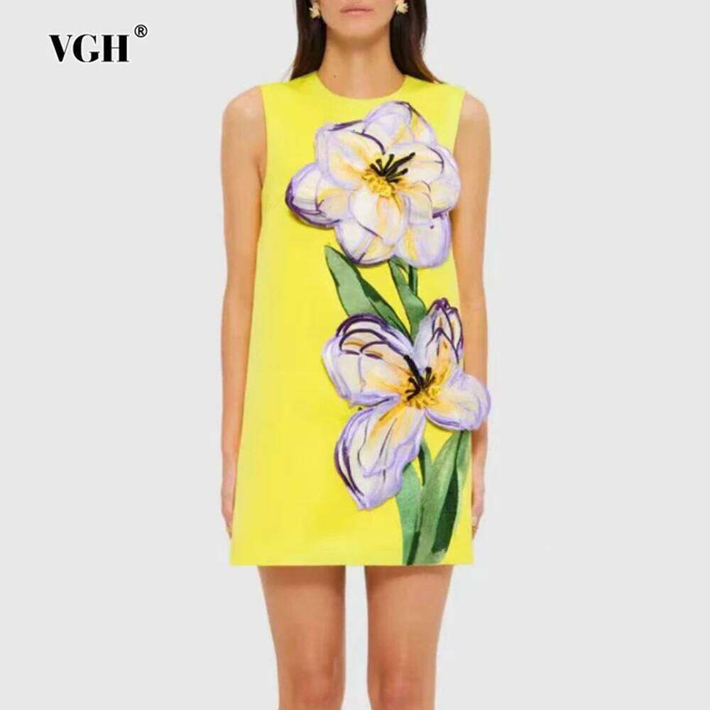 VGH Colorblock Spliced Appliques Short Dress for Women O Neck Sleeveless Patchwork Zipper Fashion Straight Dresses Female Summer MAKOUFEI