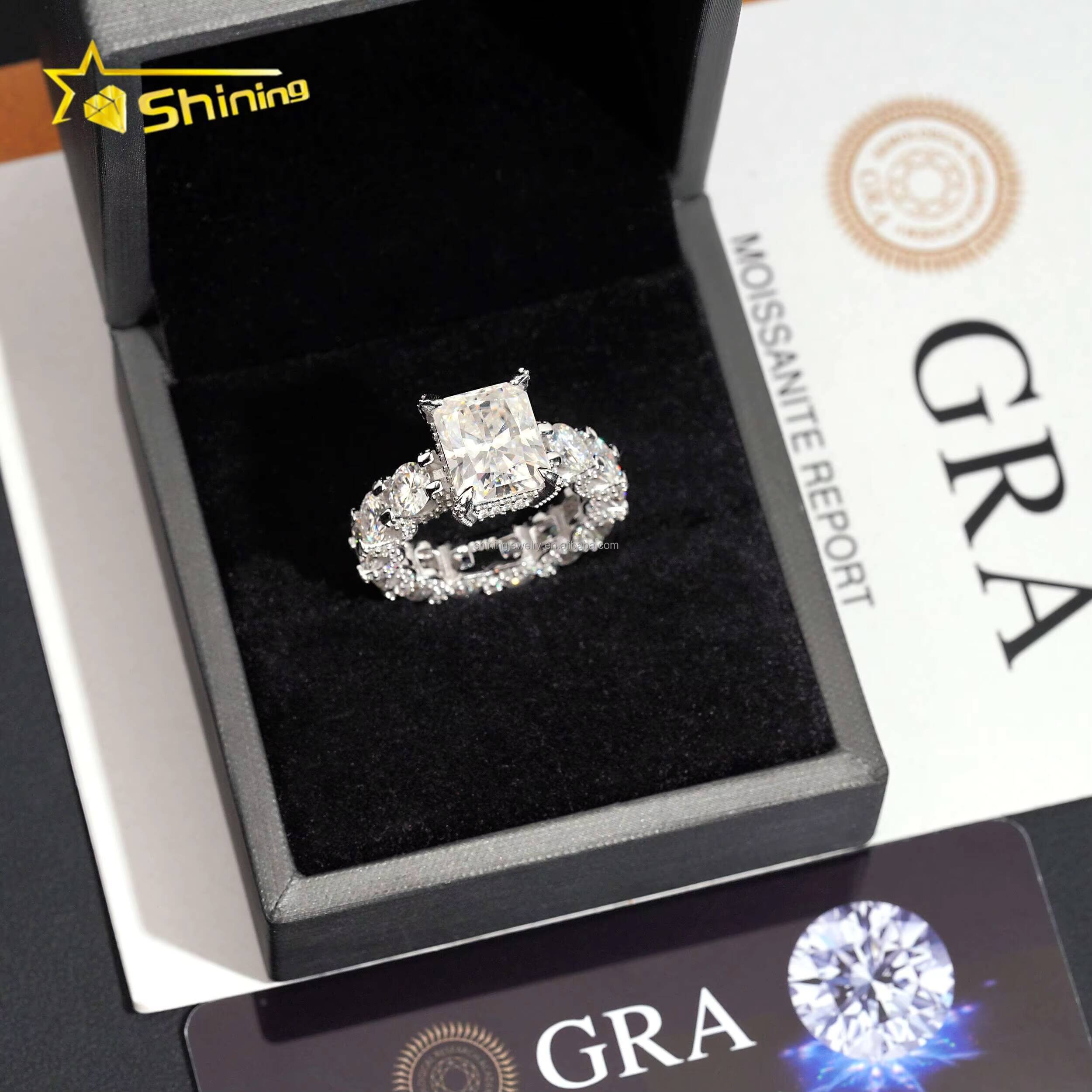 Luxury Wedding Bride Boutique Fashion 925 Sterling Silver Pass Diamond Tester 5Ct Radiant Moissanite Engagement Eternity Ring
