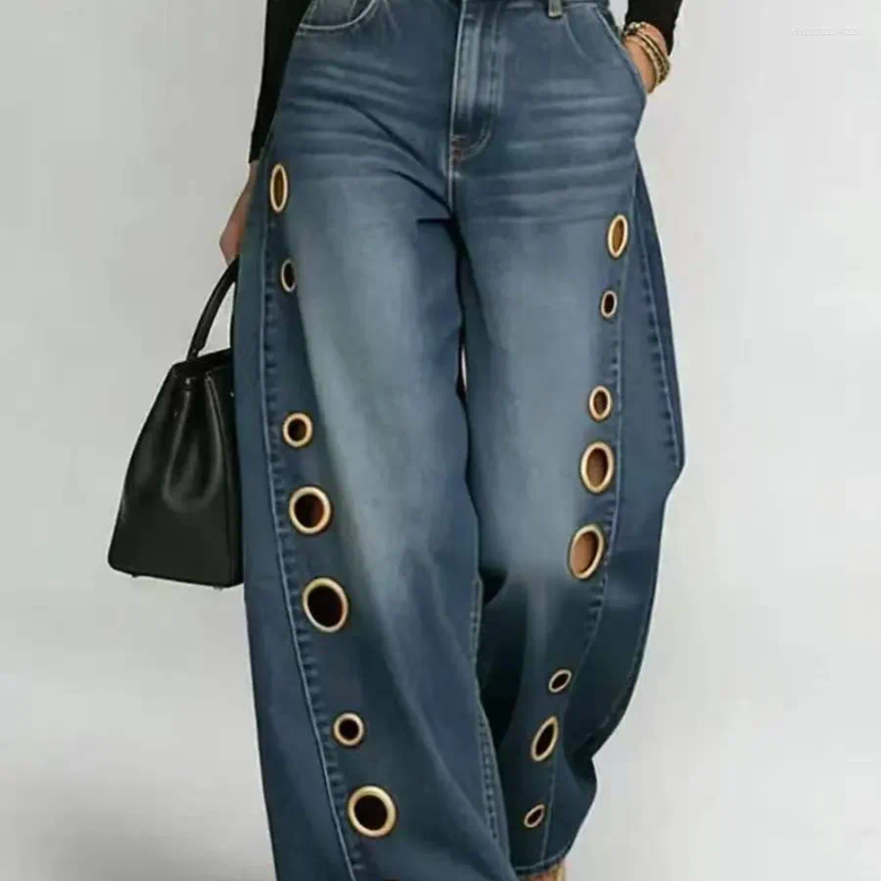 Women's Jeans High Waist Wide Leg Blue Denim Gold Eyelet Cutout Decor Loose Fit Streetwear Casual Y2K Trousers - view 3