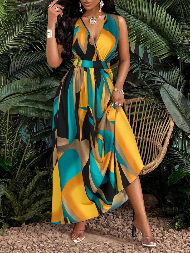 Tropical Print V-Neck Waist Section Cable Knit Fit And Flare Dress Maxi Women Outfit 260416