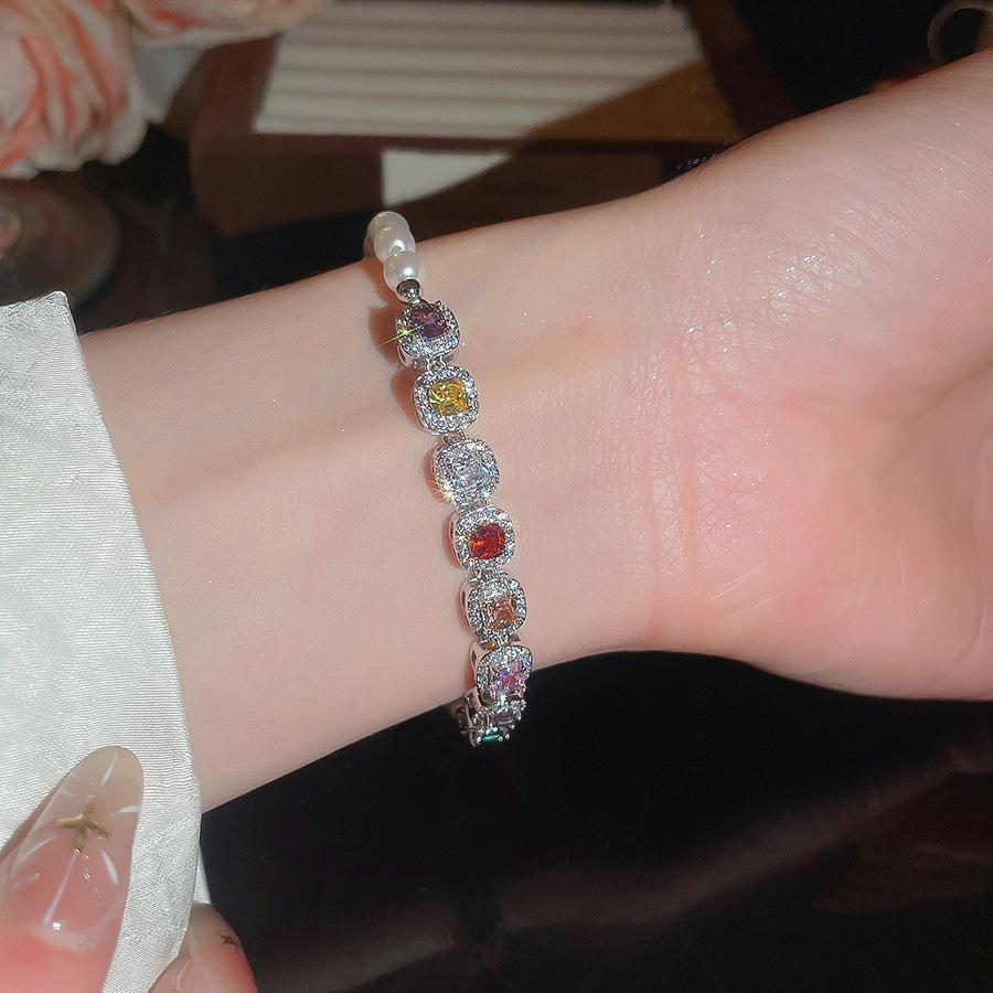 Sparkling Colorful Gemstone Small Cube Pearl Bracelet, Exquisite Craftsmanship, Light Luxury, High-End Feel, Unique and Versatile Jewelry - view 4