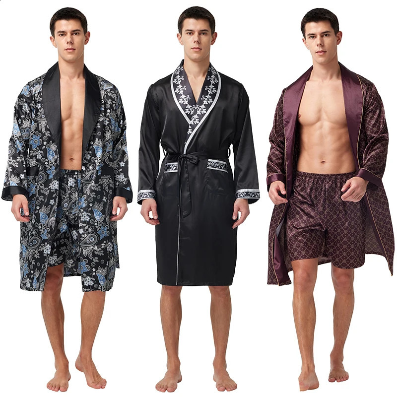 Tony Candice Mens Satin Robe Lightweight Long Sleeve Silk Kimono Bathrobe with Shorts Set Sleepwear 260415
