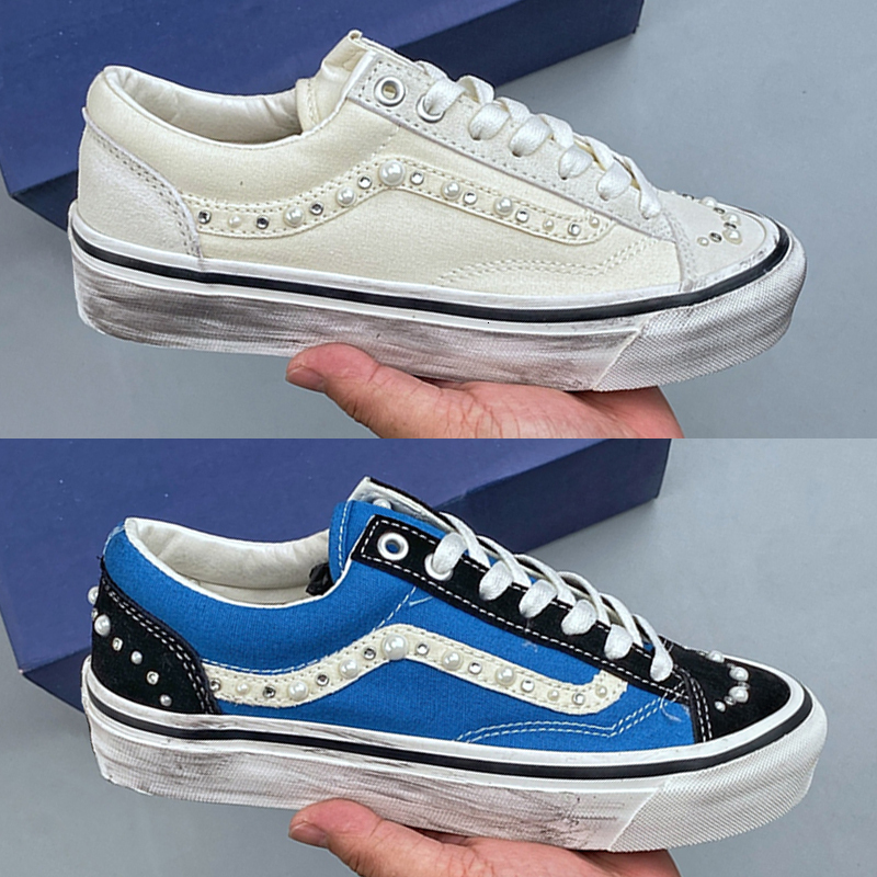 Designer Shoes Men Women Canvas Sneakers Old Skools Shoes With Pearl Decoration Retro Skate Flats Scarpe Plate-forme Trainers Casual Shoes 1083