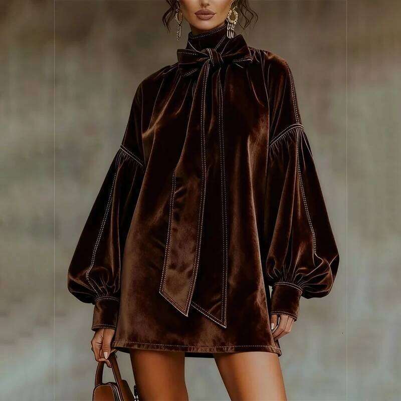 American Retro Collar Lantern Long Sleeve Bow Tie Elegant Velvet Women Mini Dresses Casual Autumn High Street Dress MAKOUFEI