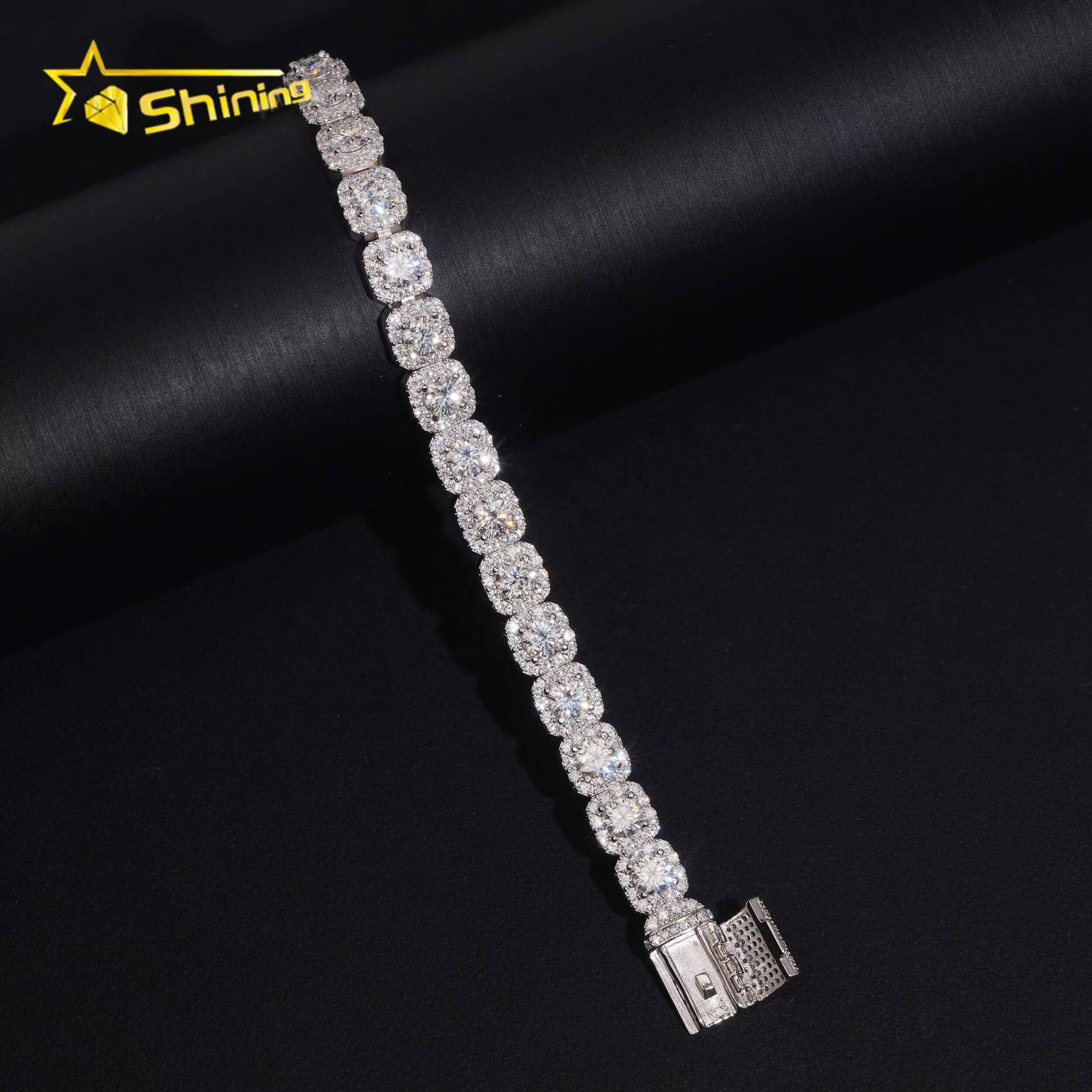 Popular Halo Design 925 Silver Hip Hop 8mm Iced Out Moissanite Diamond Cluster Tennis Bracelet