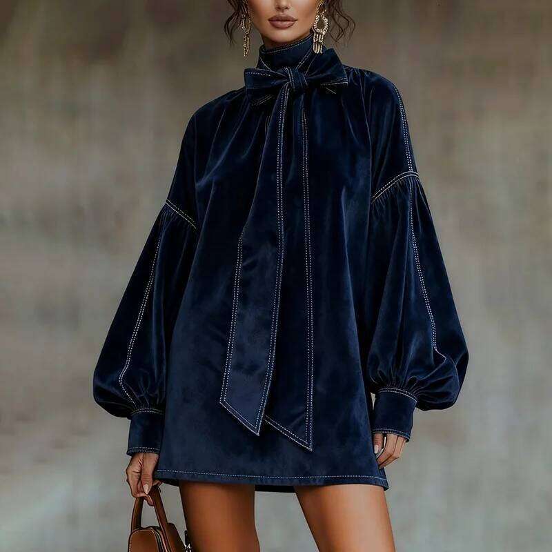 American Retro Collar Lantern Long Sleeve Bow Tie Elegant Velvet Women Mini Dresses Casual Autumn High Street Dress MAKOUFEI