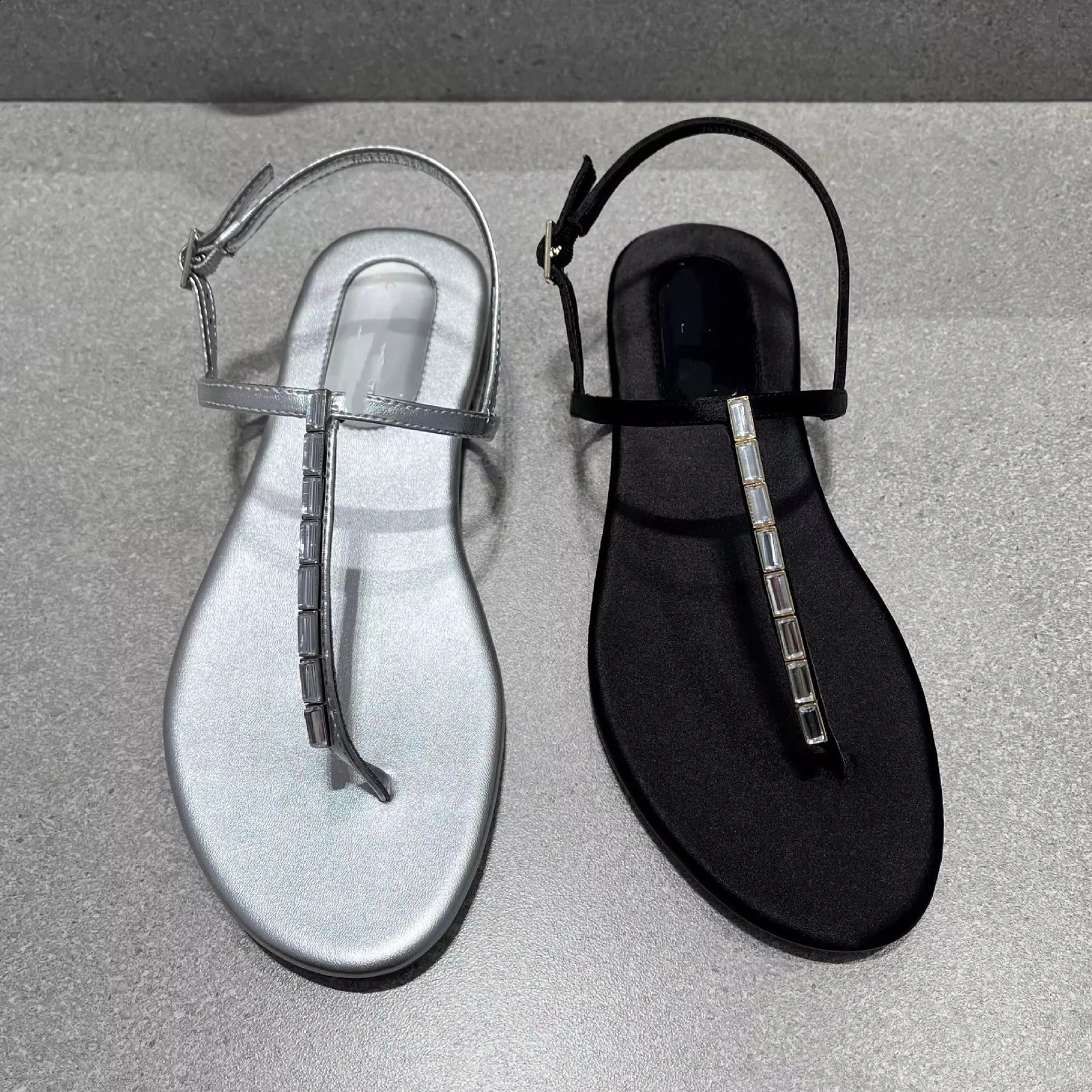 ner T-strap gladiator sandals women flat heel crystal narrow band sandalias mujer silver thong sandals big size 43 260415