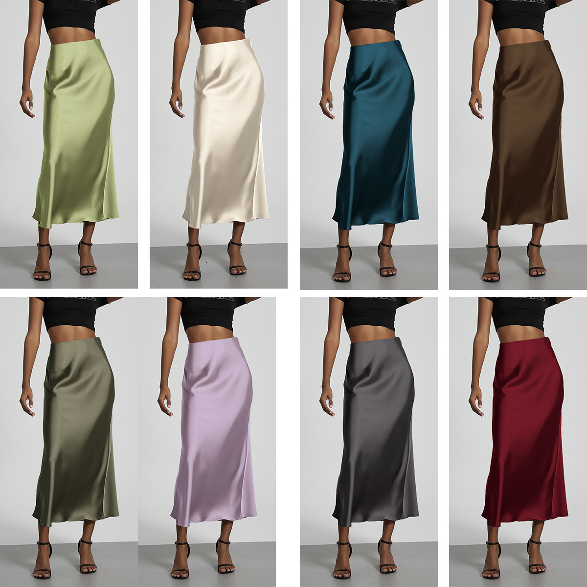 Womens Fashion Elegant Satin Midi Skirt Slimming Draped MidLength Skirt 230720