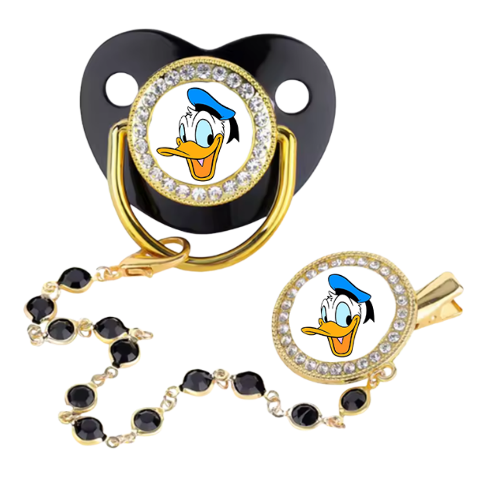 Luxury Baby Pacifier Set with Cartoon Bear Design - Black Shield, Rhinestone Trim, Gold Chain & Clip, Novelty Soother for Infants & Toddlers