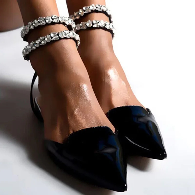 Summer Shiny Crystal Flat Heels Sandals Women Pointed Toe Party Shoes for Women Ankle Straps Womens Sandals 260415