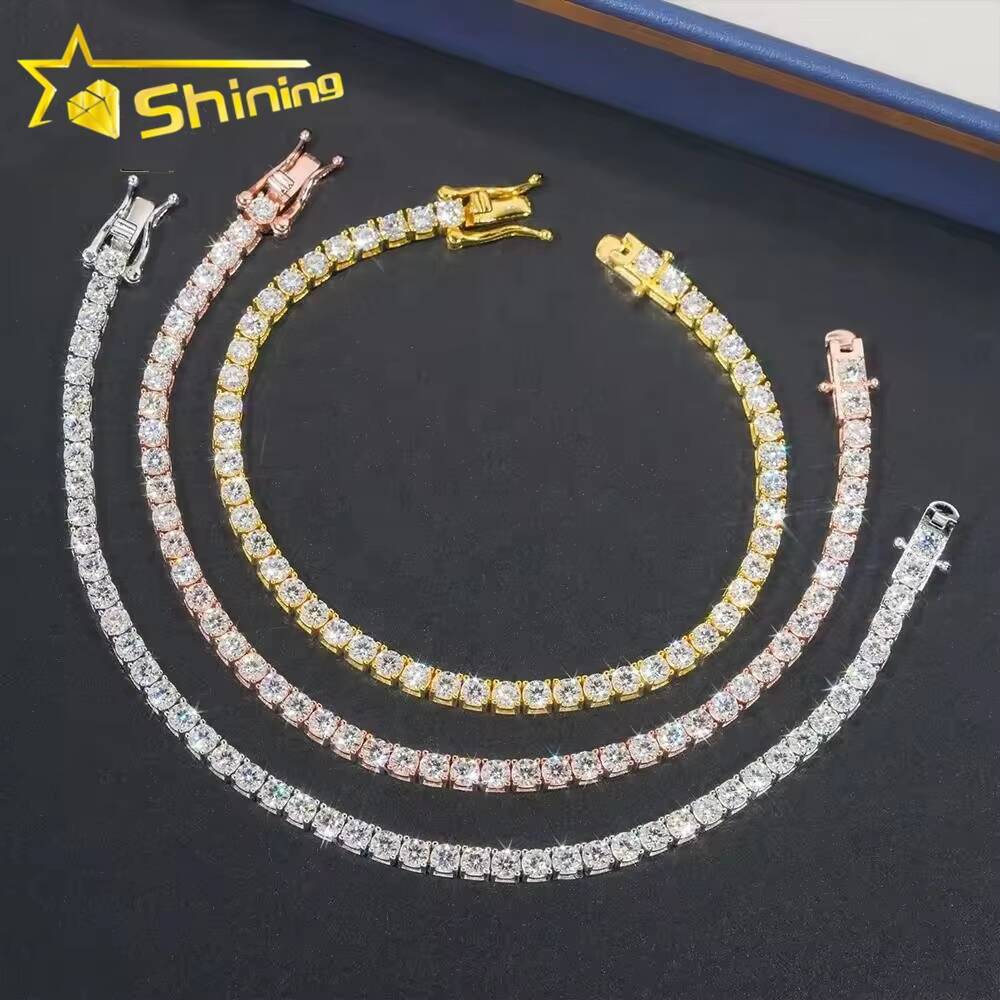 Fashion Femme Unisex Hip Hop Jewelry 3mm 925 Sterling Silver VVS Moissanite Rhodium Plated Iced Peace Tennis Bracelet